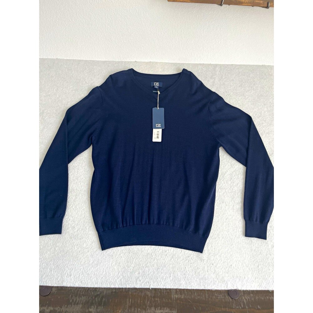 NWT Cutter & Buck Men's Navy Solid V-Neck Pullover Sweater Knit Cotton size L